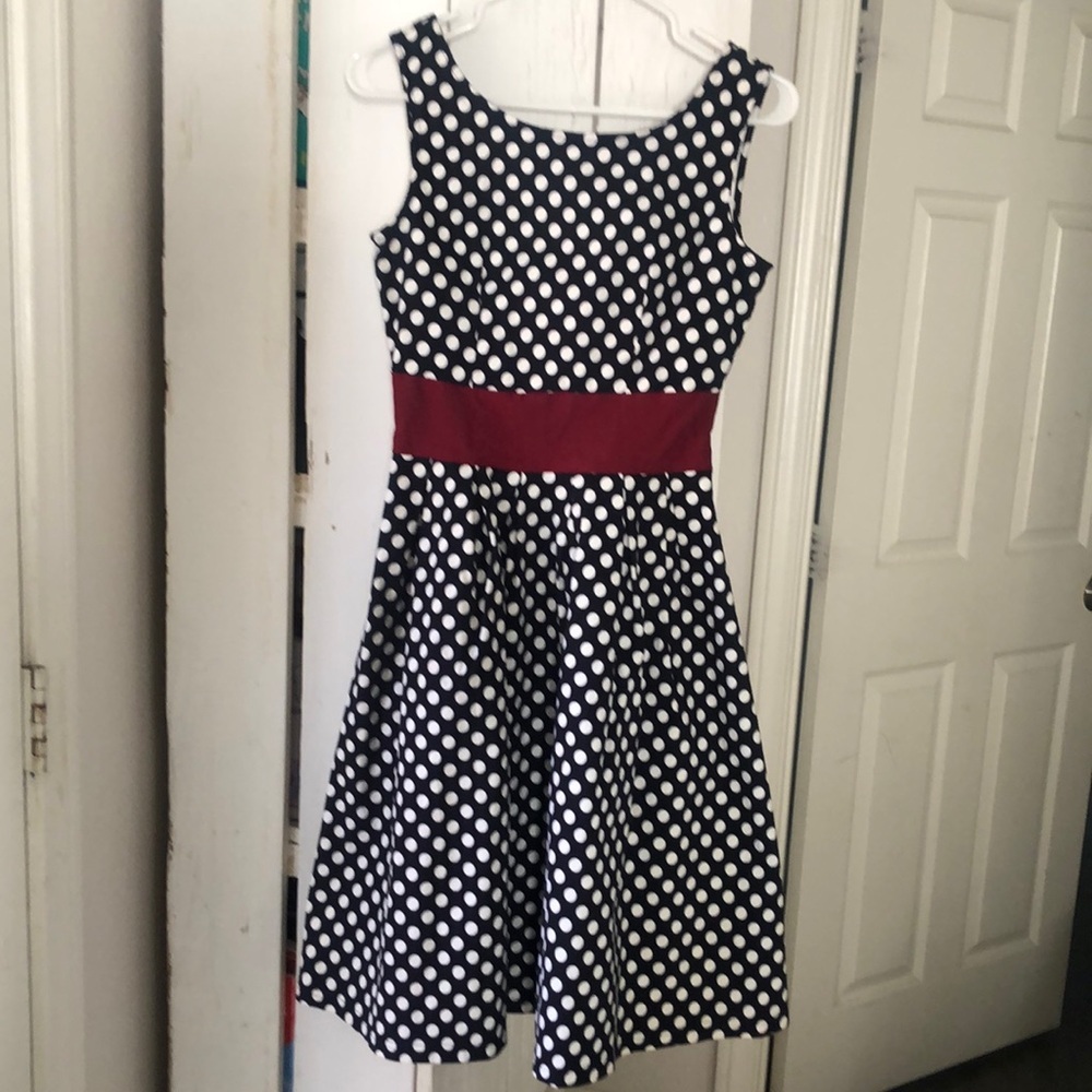 Miusol burgundy navy and whit polka dot dress